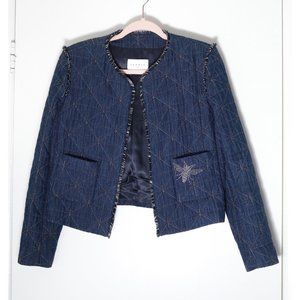 Sandro Paris Sz Sm Cropped Quilted Denim Bee Embroidery Jacket